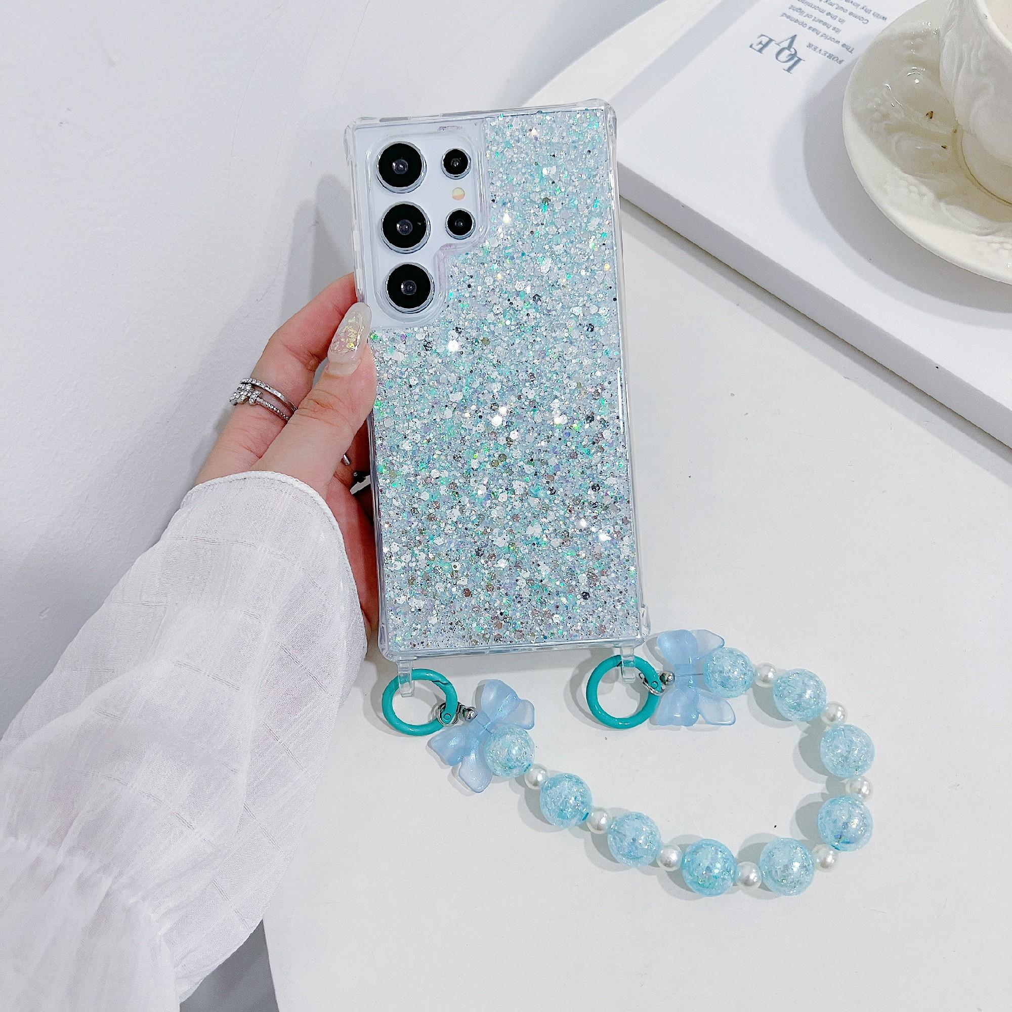 

For Samsung Galaxy S24 Ultra Case Glittery Powder Acrylic+TPU Phone Cover with Beaded Hand Strap Blue