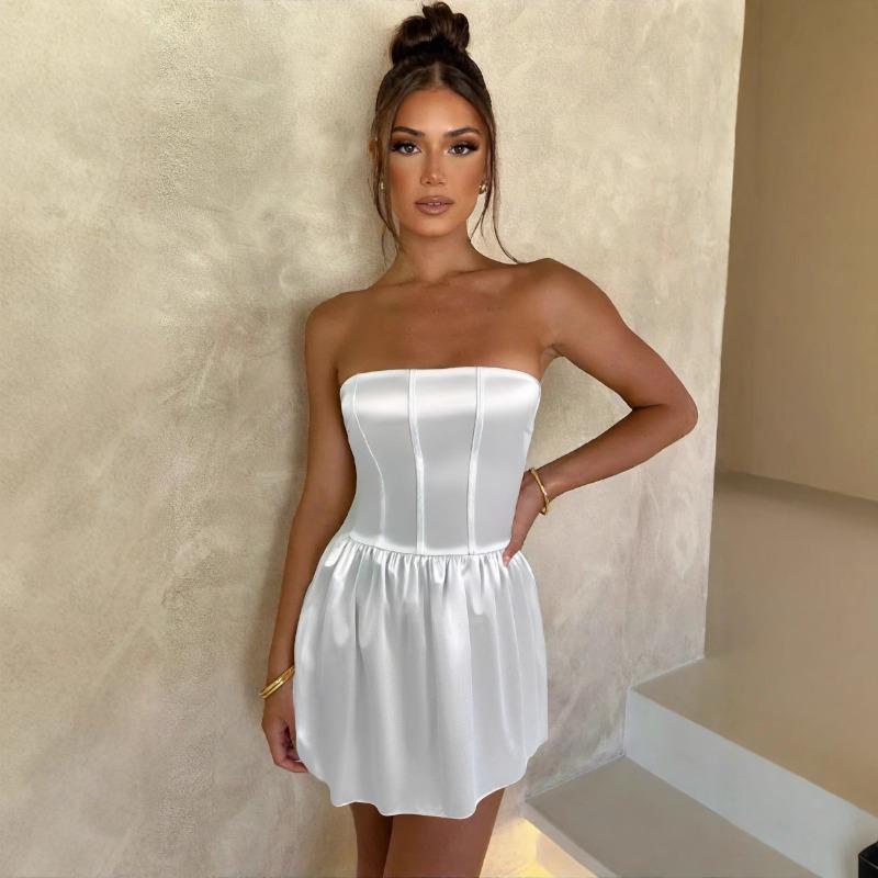 summer fashion elegant solid color waist mini tube dress women sleeveless off the shoulder slim vestidos robe