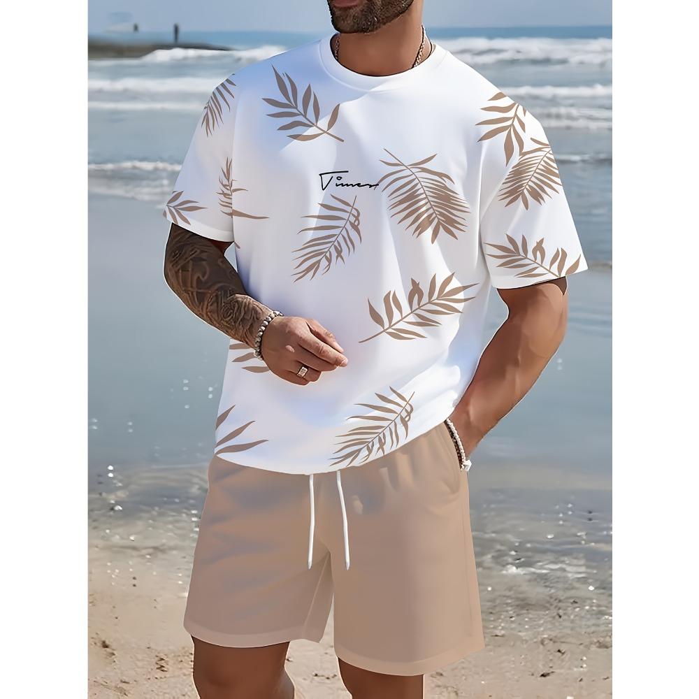 Men's casual short sleeved set with cool summer leaf print design