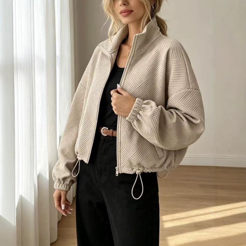 Women S Loose Baseball Jacket With Zipper Pocket Drawstring Hem