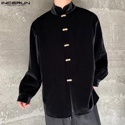 Spring Mens Stand Neck Long Sleeve Pleuche Velvet Button Up Vintage Tops Shirts