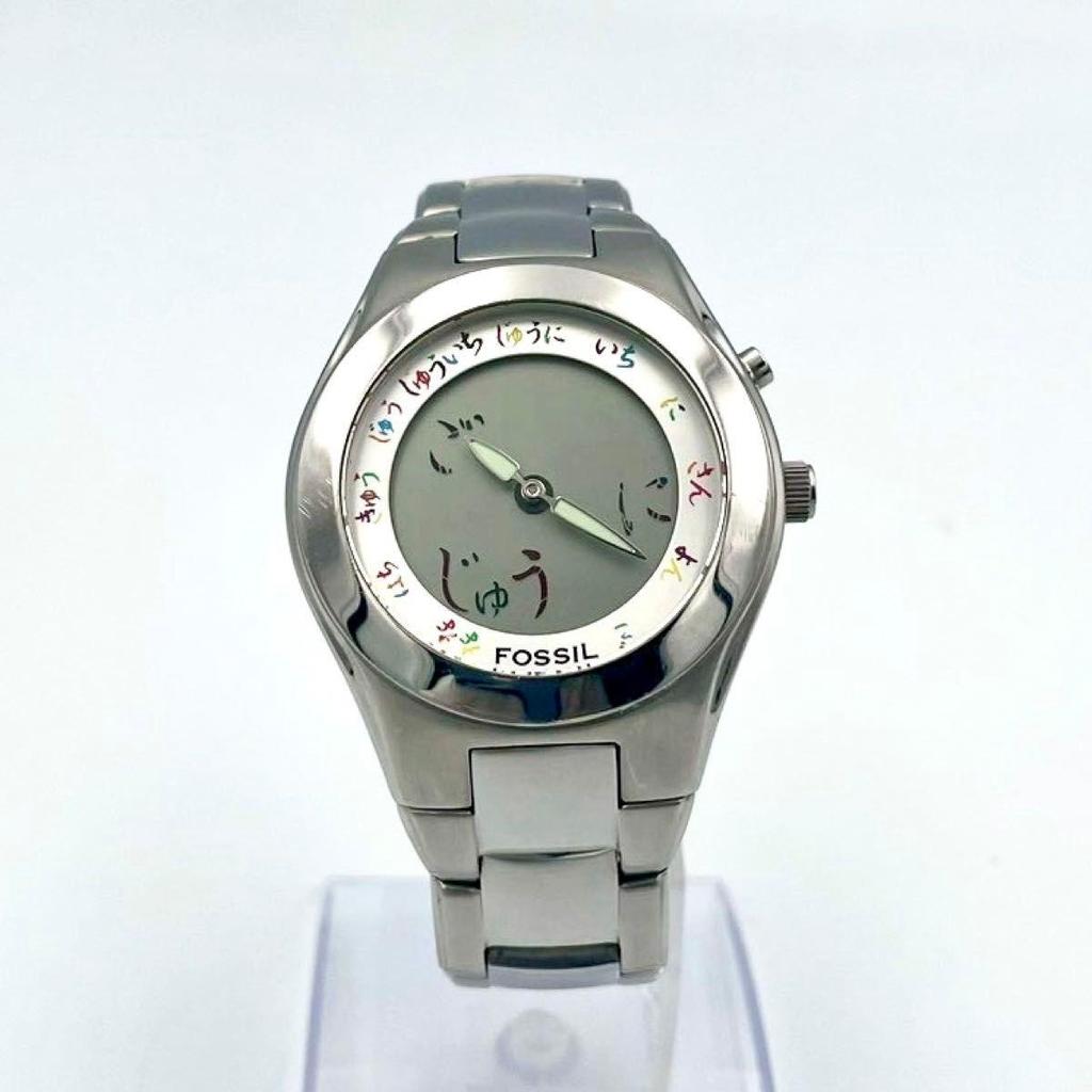 Used 901 Rare New Battery FOSSIL Big Chick Hiragana Dial Ana-Digi Watch Quartz Men's Silver Working