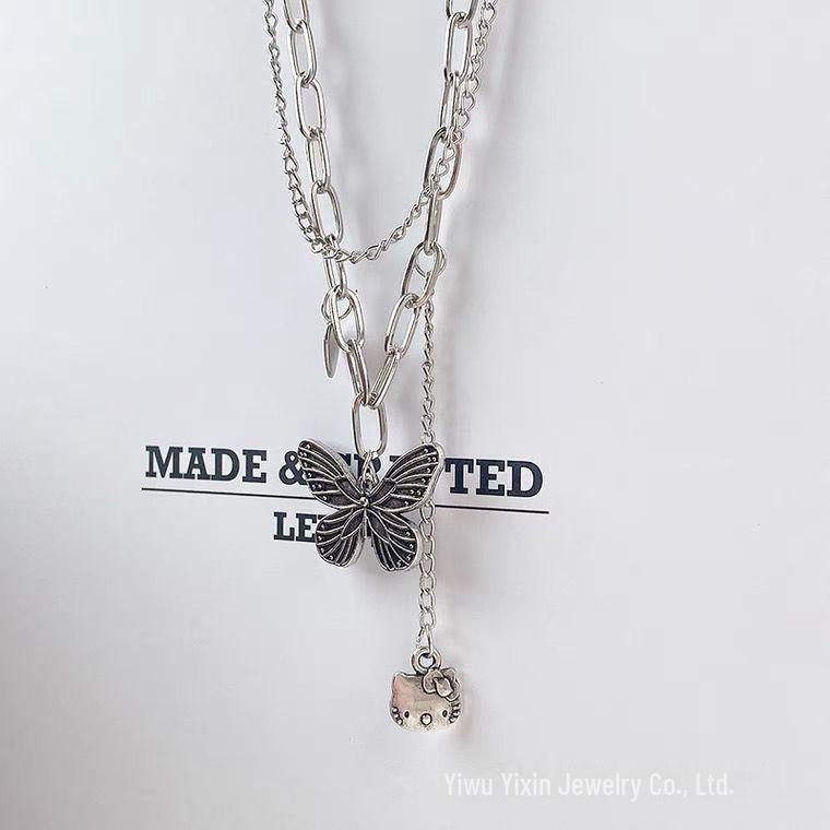 Double-Layered Butterfly Splicing Necklace - Hip-Hop Cold Style for Women