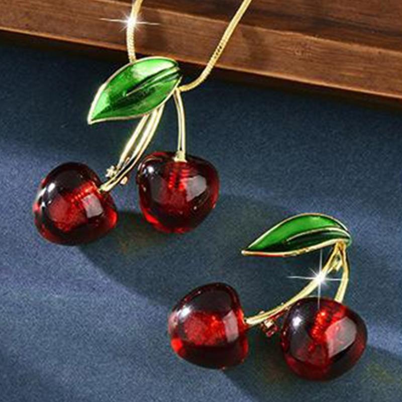 Colar com Pingente de Cereja Colar Corrente para Suéter Acessório de Moda Textura de Cristal Artificial Presente para Mulheres da Moda