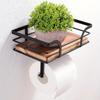Wall mounted forged iron tissue holder with recycled wooden storage rack - space saving bathroom organizer