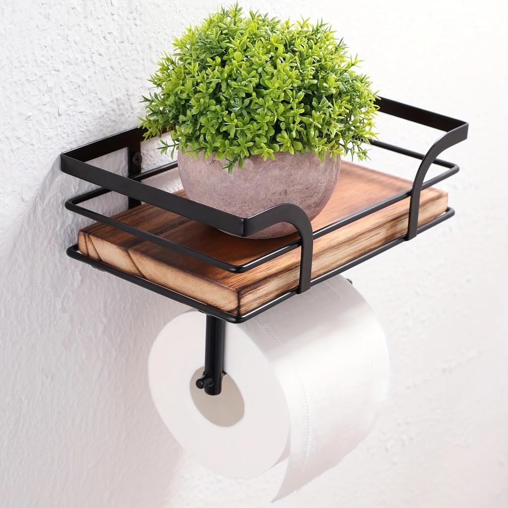 Wall mounted forged iron tissue holder with recycled wooden storage rack - space saving bathroom organizer