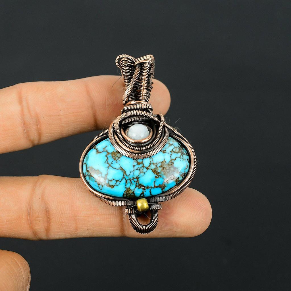 Tibetan Turquoise Gemstone Copper Wire Wrap Handmade Pendant Jewelry For Gift