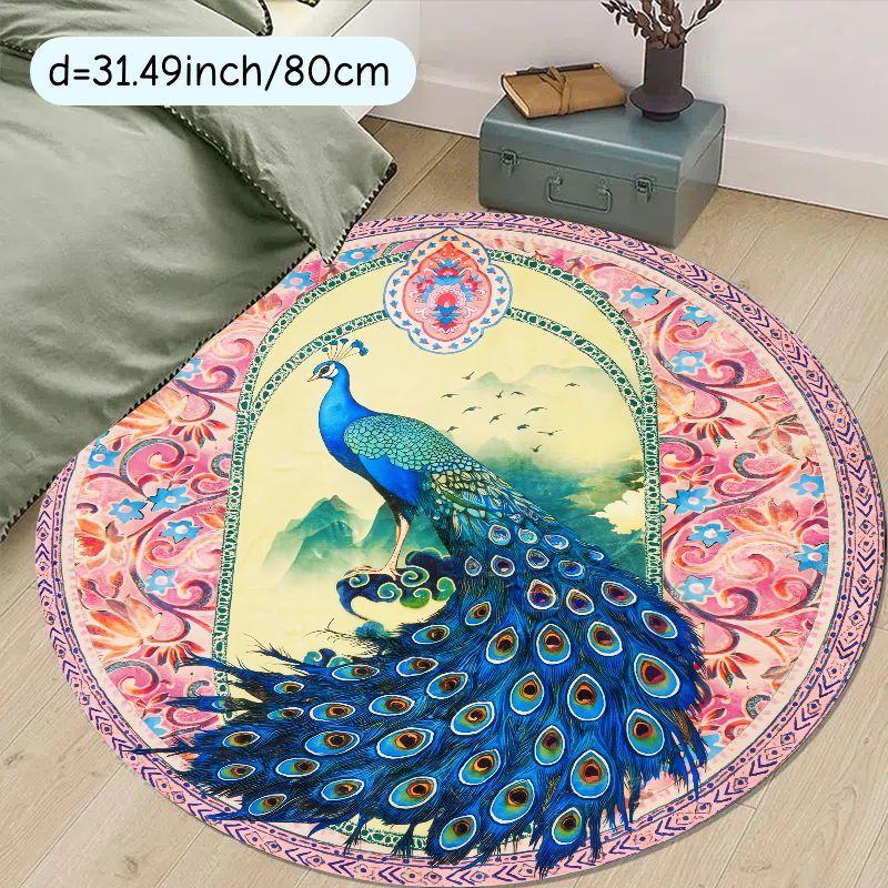 2D Peacock Design Round Doormat Flannel Soft Entryway Mat Home Decor Living Room Carpet