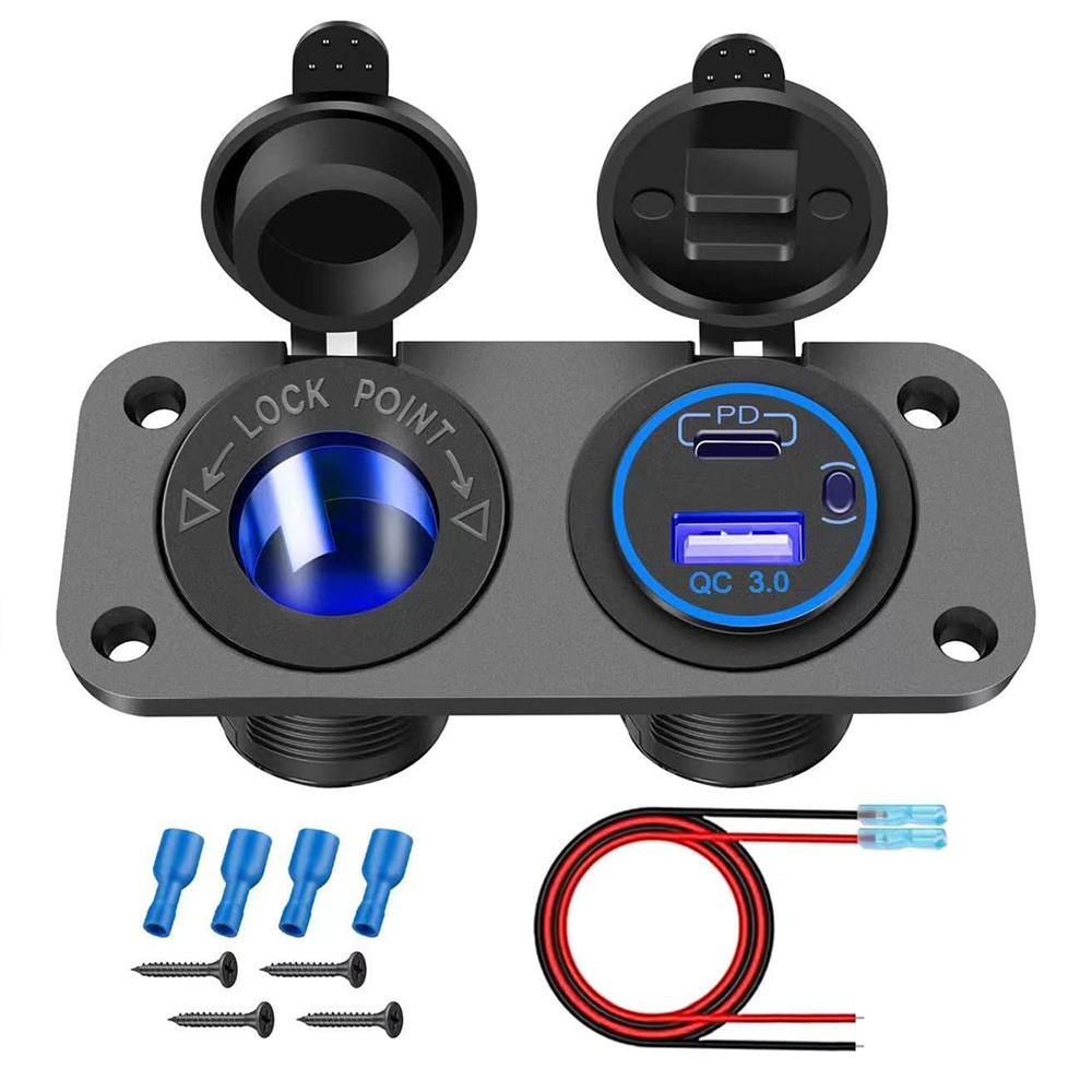 12V Cigarette Lighter Socket Quick Charge PD QC3.0 USB Charger Power Outlet with Button Switch for Car Boat Marine RV Golf Cart