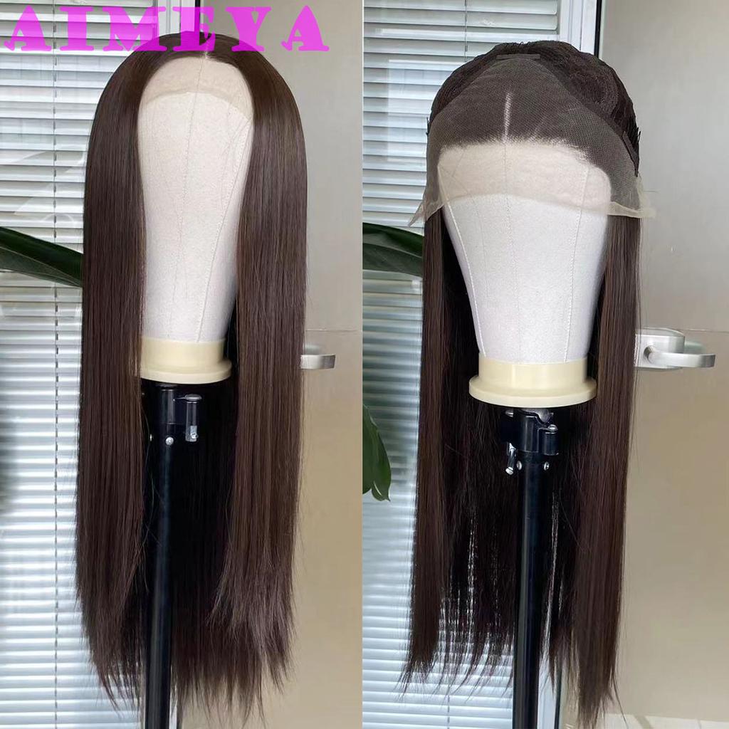 AIMEYA Brown Lace Wigs for Black Women Heat Resistant Synthetic Lace Front Wig Long Silky Straight White Wig  Daily Use