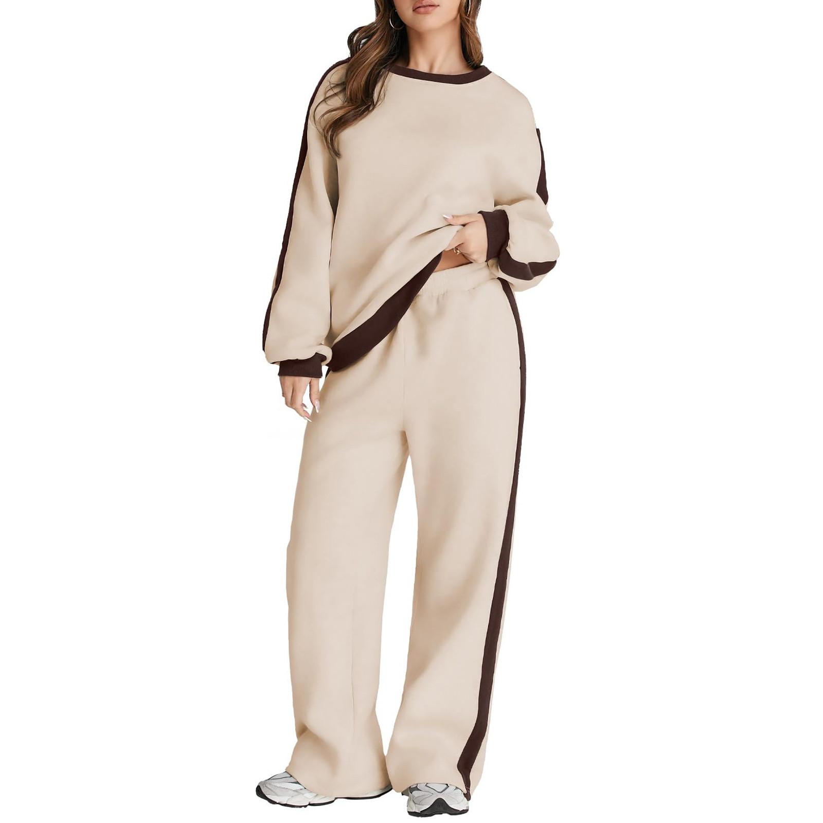 

Женский модный однотонный топ с длинными рукавами и круглым вырезом, повседневный комплект из двух предметов XXL бежевый