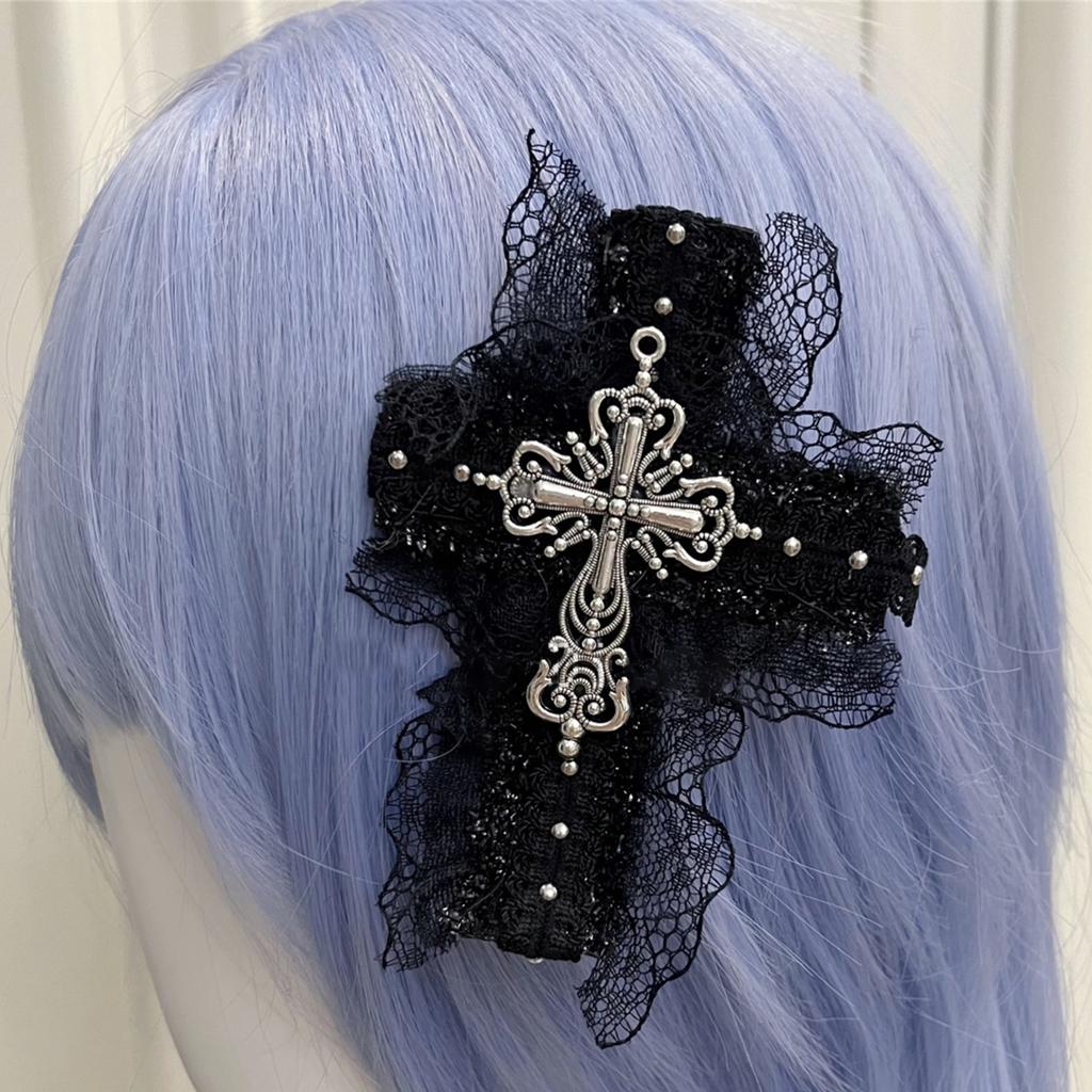 Lace Hair Clip Dark Balletcore Crosses Dark Flat Clip Halloween Hairpin Dark Elegant Hair Clip for Bunches