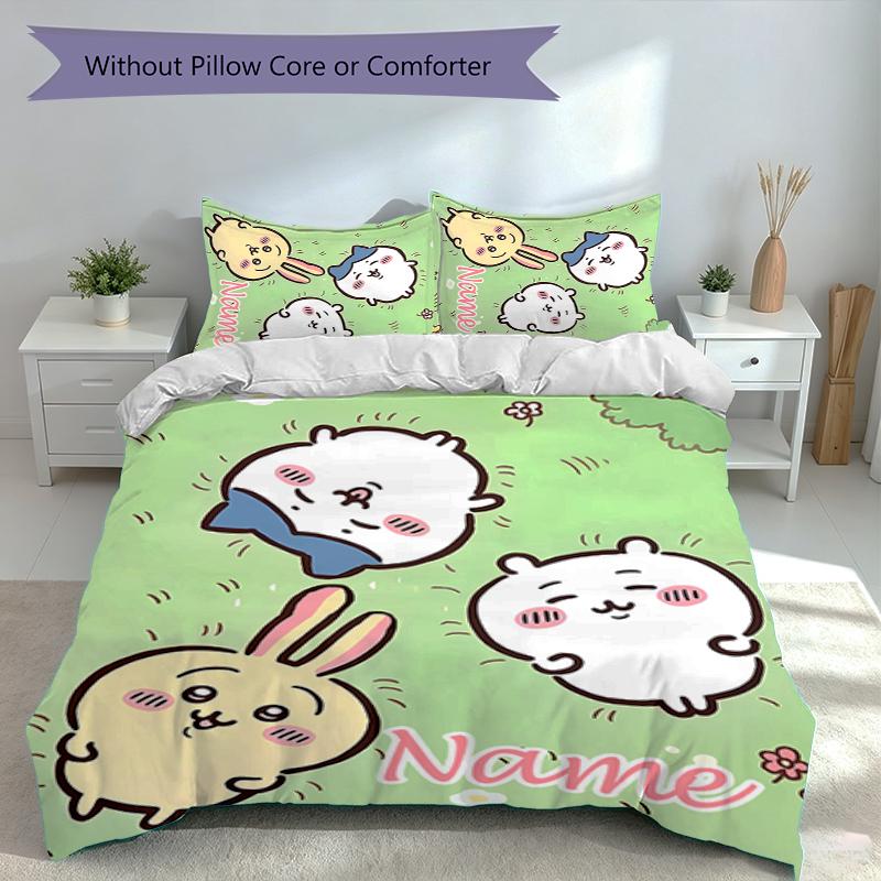 3pcs Custom Name Chiikawa Set,Includes 1 Duvet Cover and 2 Pillowcases,All-season Bedroom Decor