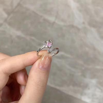 Shiny Pink  Heart Opening Couple Rings Vintage  Adjustable Finger Ring For Women Lover Jewelry Gift