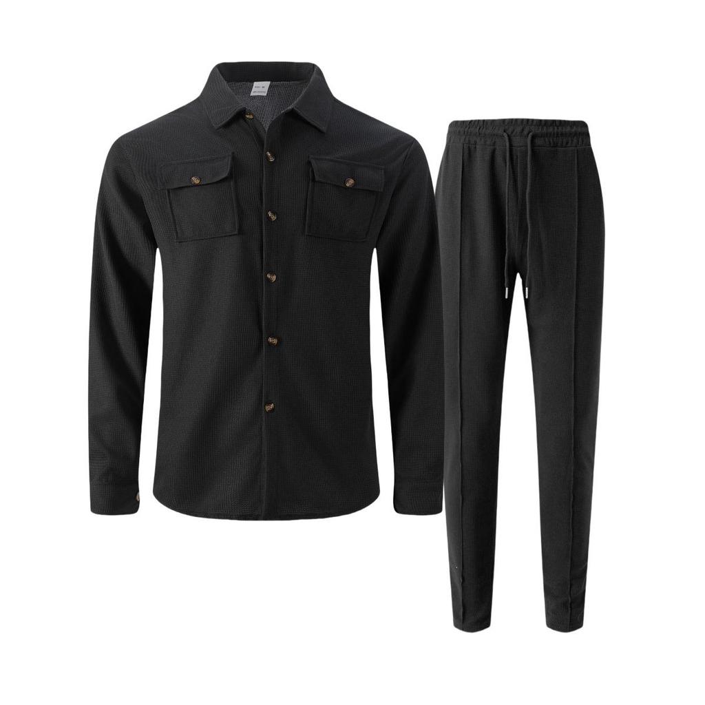 European & American Autumn Waffle Long Sleeve Two-Piece Cardigan Set with Double Pocket.