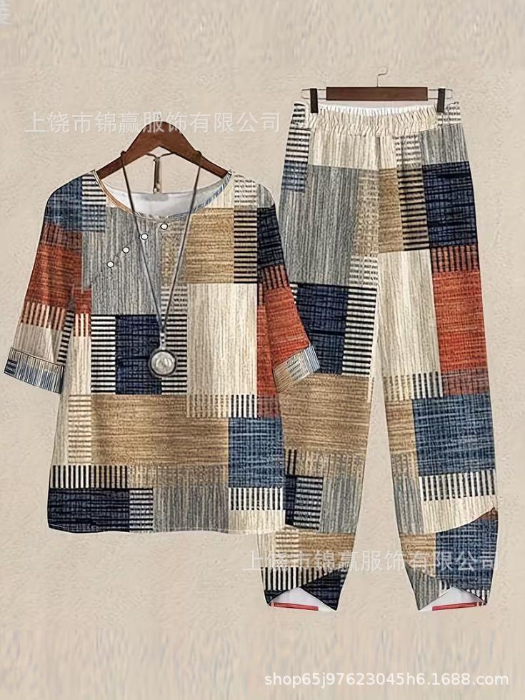 Spring and summer national style bamboo leaf plant printed women's clothing, breathable round neck medium sleeve top, elastic waist loose eight-point