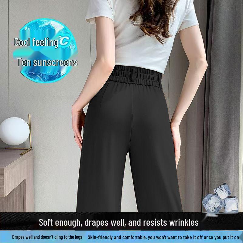 Summer High-Waisted Pleated Ice Silk Straight-Leg Tummy Control Pants - Women's Quick-Drying Fashion Suit Pants