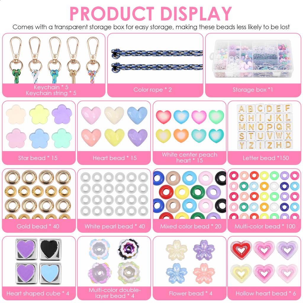 421 Pcs Beaded Keychain Making Kit DIY Key Chain Charm Acrylic Heart Flower Star Letter Bag Beads Jewelry Making Kit for Women