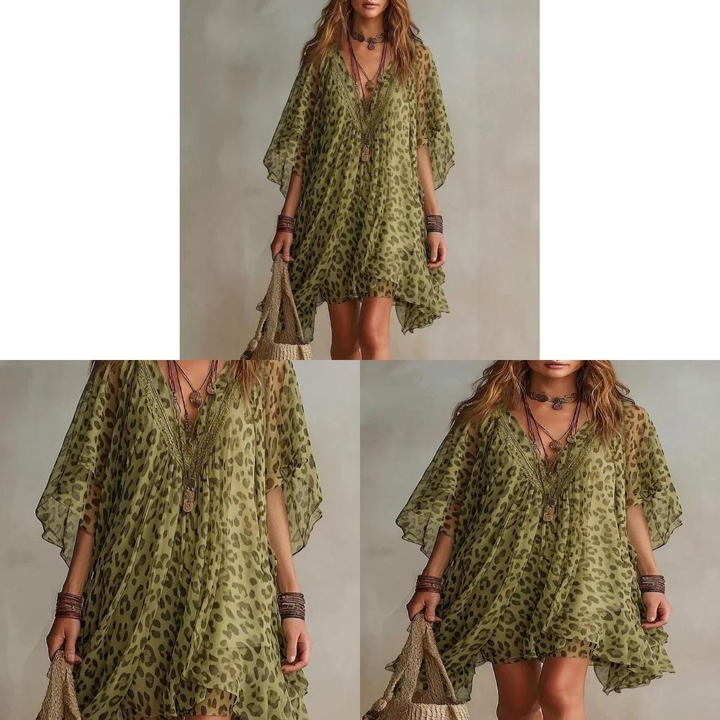 Leopard Print Summer Dress For Women With V Neck Chiffon Beach Coverup For Vacation