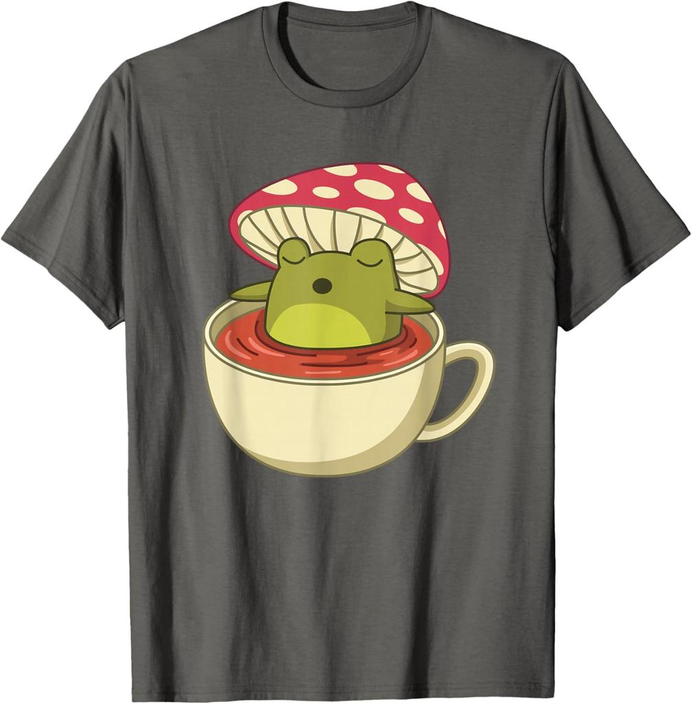 Cottagecore Frog In Tea Cup Mushroom Aesthetic Graphic Tee Shirt Casual Short Sleeve
