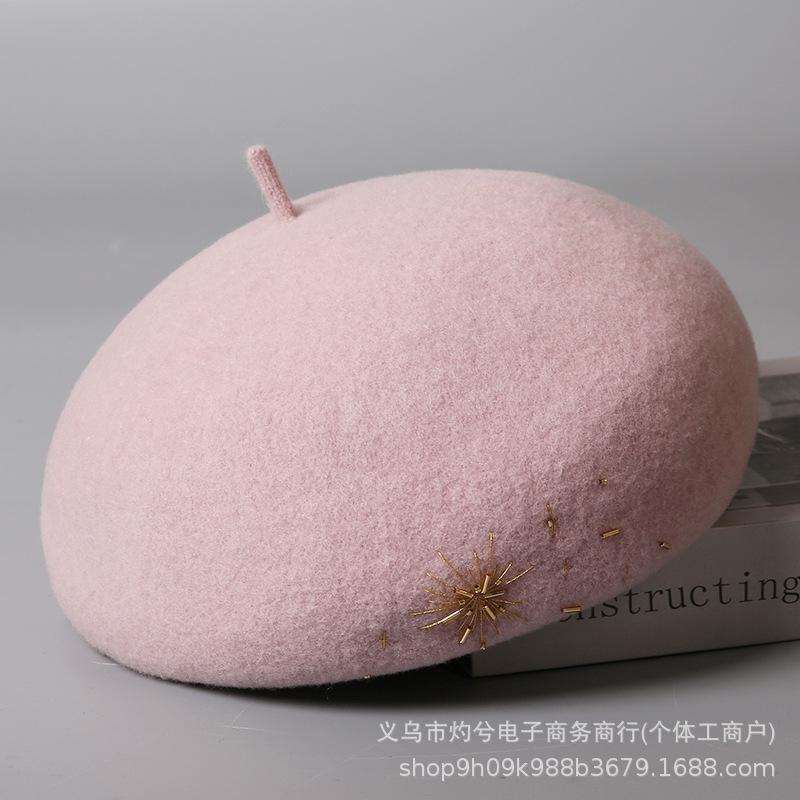 High-quality heavy industry hand-sewn pearl wool beret women's winter elegant versatile painter hat warm stewardess hat tide