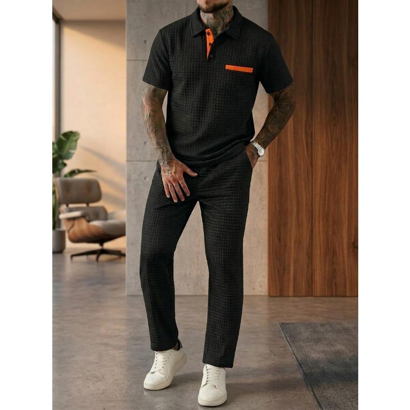 Solid Waffle Mens Casual Short Sleeve Polo Shirt And Long Pants Set