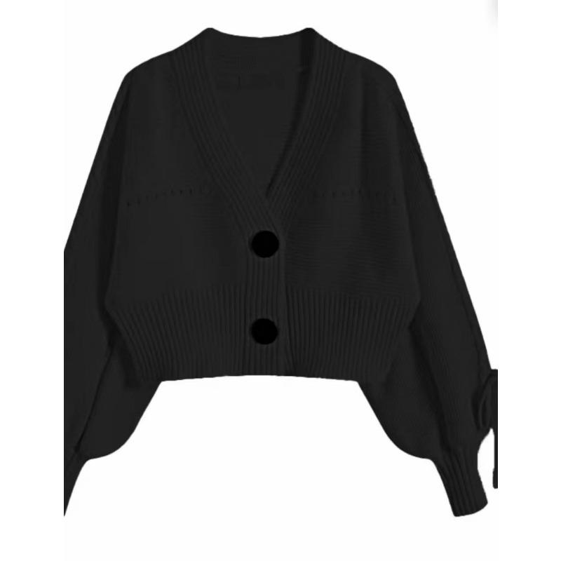 Temperament Thickened and Thin Knitted Cardigan Women's Winter Loose Short High-waisted V-neck Sweater Lantern Sleeve Jacket Top