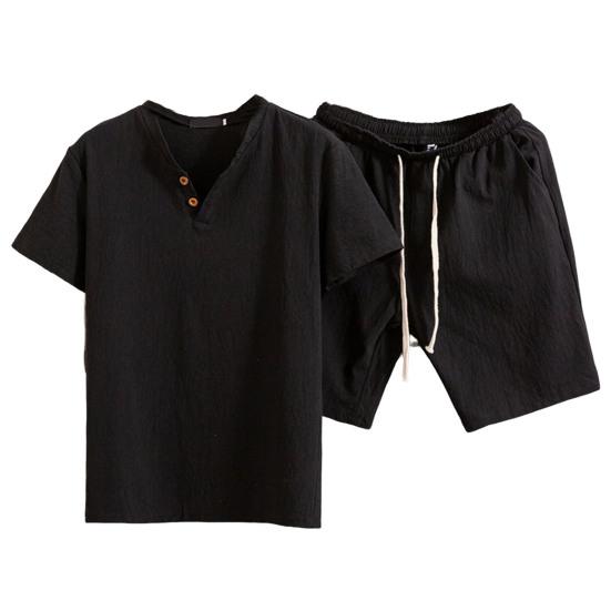 2 Pcs/Set Men T-shirt Shorts Set Solid Color Elastic Waist Loose V Neck Drawstring Homewear Deep Crotch Plus Size Casual Summer
