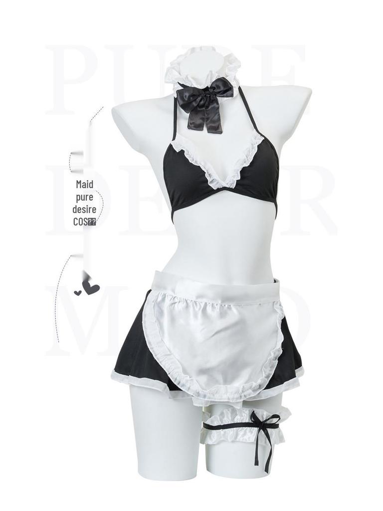 Night Listen Lingerie: Sexy See-Through Maid Role Play Set with Open Crotch, 3-Piece Women's Temptation Uniform