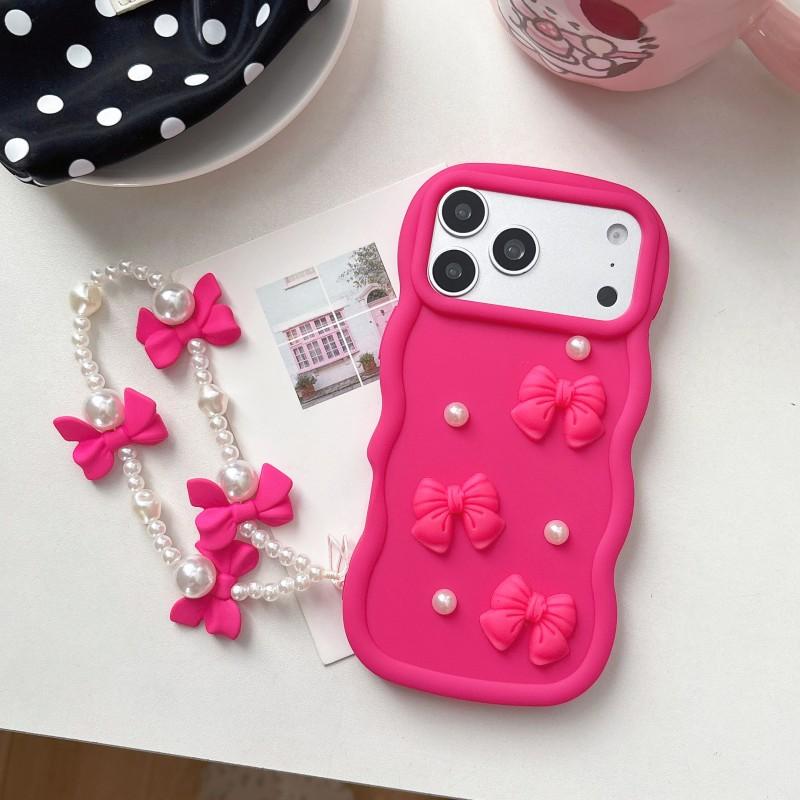 

Pearl Bow Tie Case For iPhone 17 Pro Max 11 12 14 13 15 16 Plus Candy Silicone Short Chain Anti-Drop Cute Bracelet Strap Cover for iPhone 11