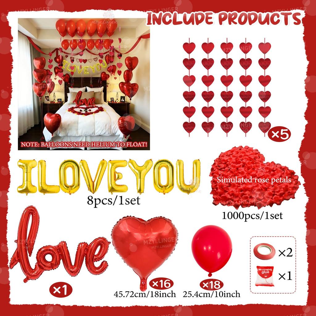 Golden ILOVEYOU Letter Balloon Set Love Pendant Decoration Red Heart Balloon for Valentine's Day Proposal Wedding Birthday Decor