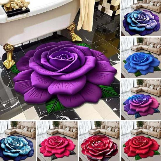 3D Rose Flower Area Rug Non-slip Washable Absorbent Plush Floor Mat Irregular Floral Carpet