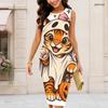 Women Plus Size Round Neck Sleeveless Printed Bodycon Midi Dress