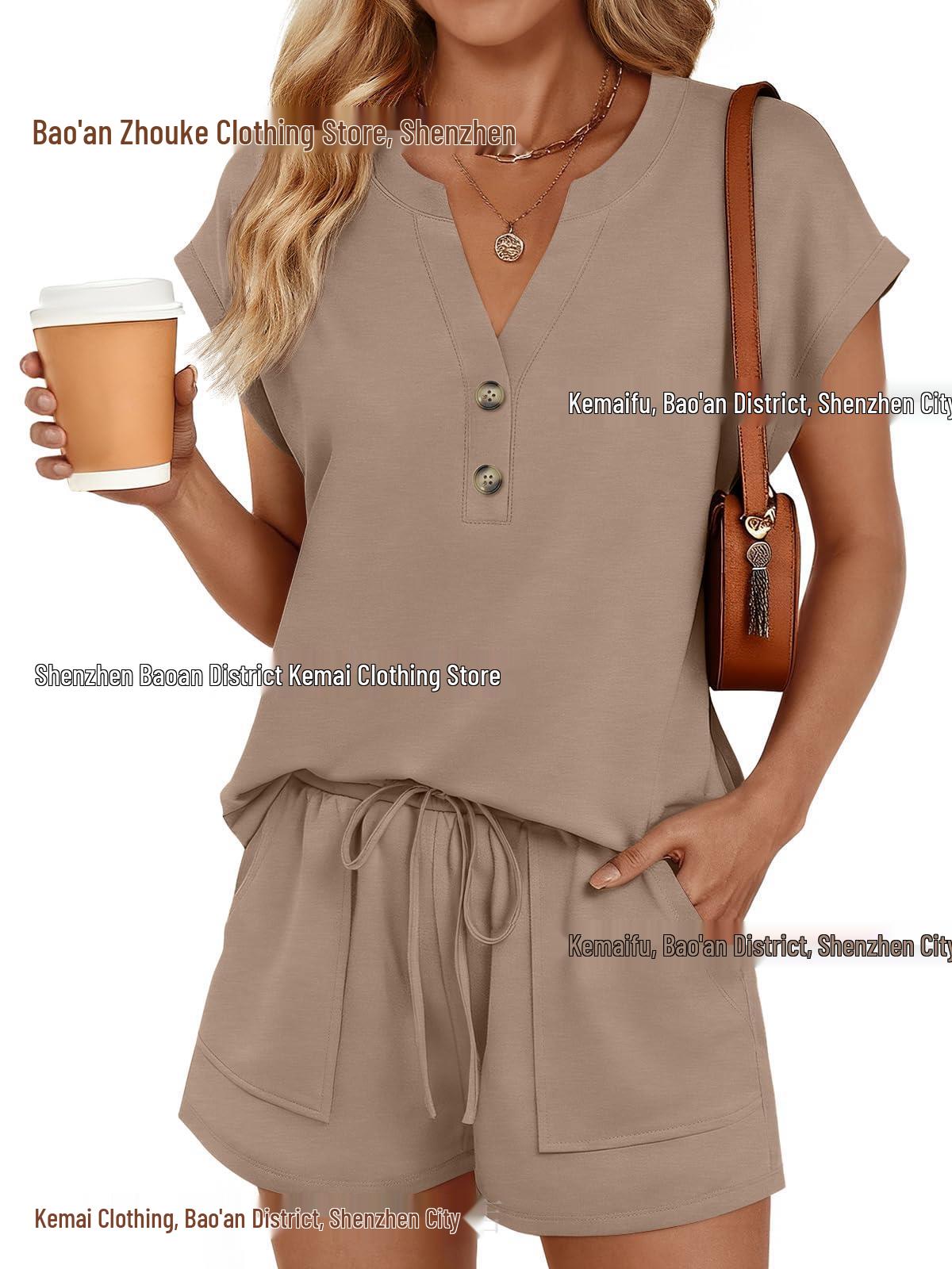 

2026 Europe & America Spring/Summer Women s Solid V-neck Button Short Sleeve Shorts Two-piece Set Medium хакі