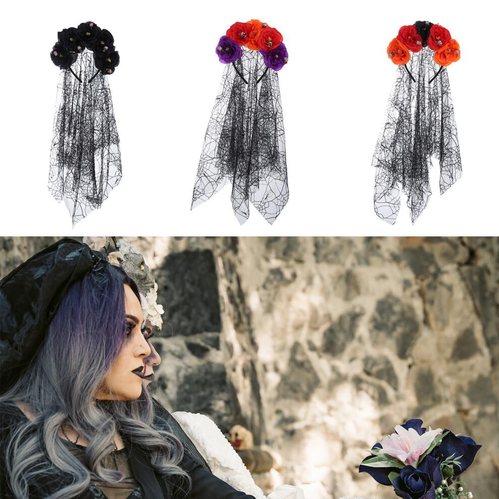 Gothic Flower Hairband with Veil for Women-orange Red Purple
