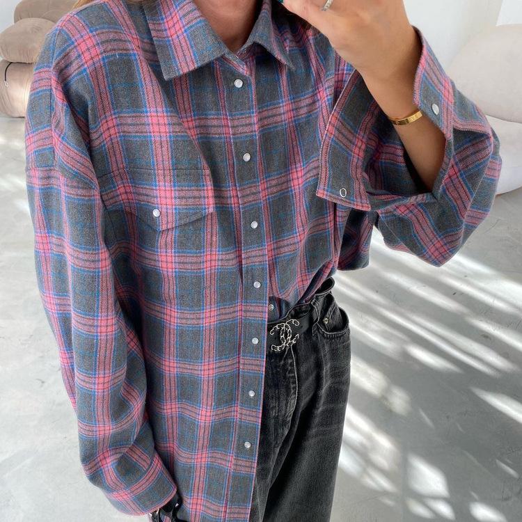 Retro Style All-Matching Lapel Loose Shirt 2025 Spring and Autumn Plaid Long Sleeve Pocket Women's Shirt