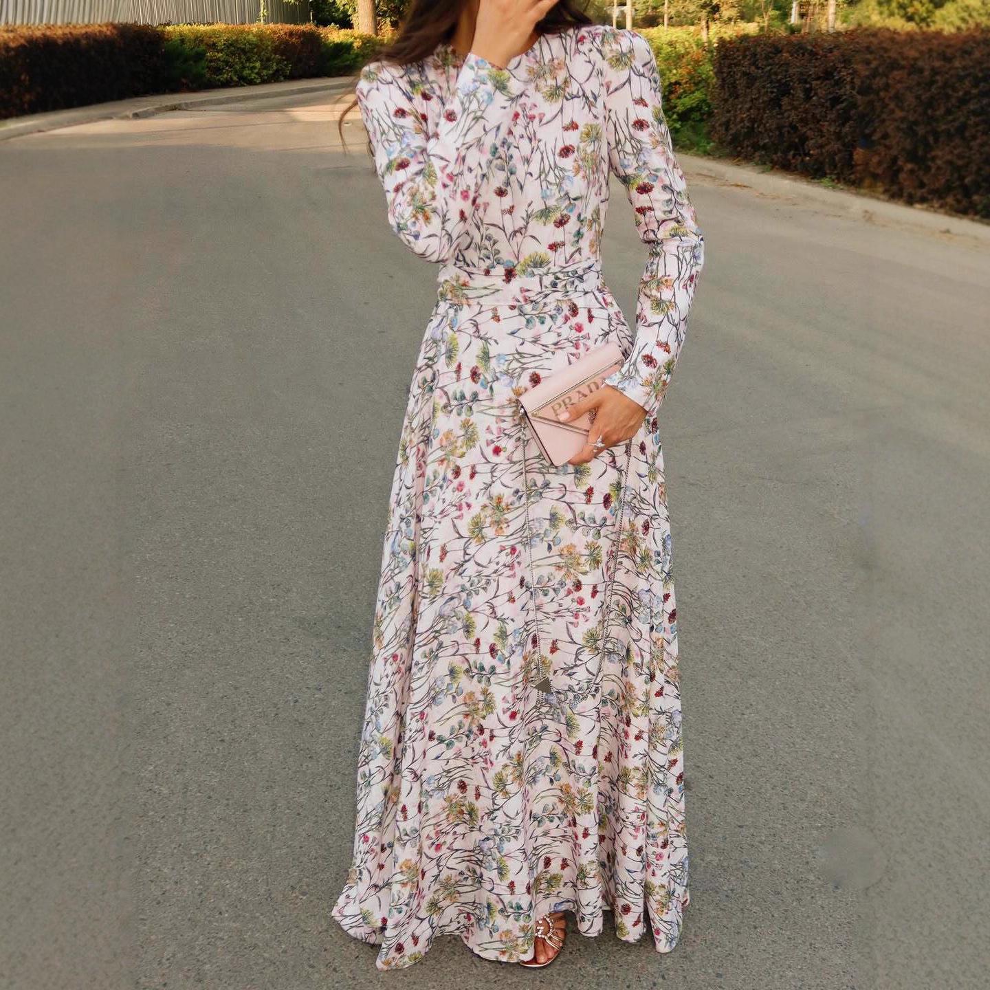 

2025 Autumn Women s European/American A-Line Round Neck Print Dress: Elegant, Waist-Cinching, Casual XXL вершковий