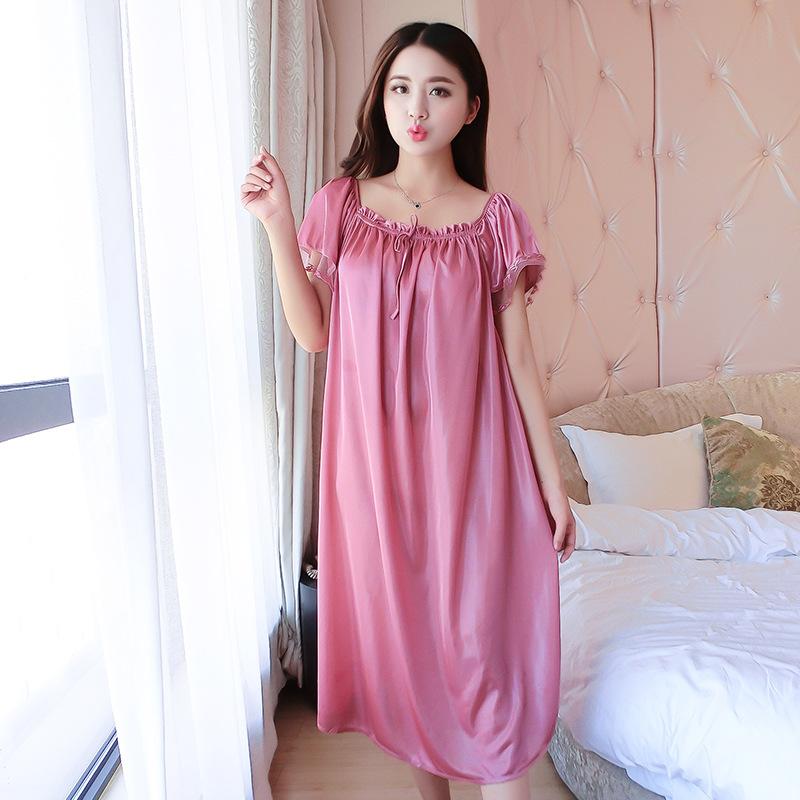Women Faux Ice Silk Nightgowns Sleeping Dress Medium Length Short Sleeve Nightdress Sexy Sleepwear Home Wear Loungewear Pyjama