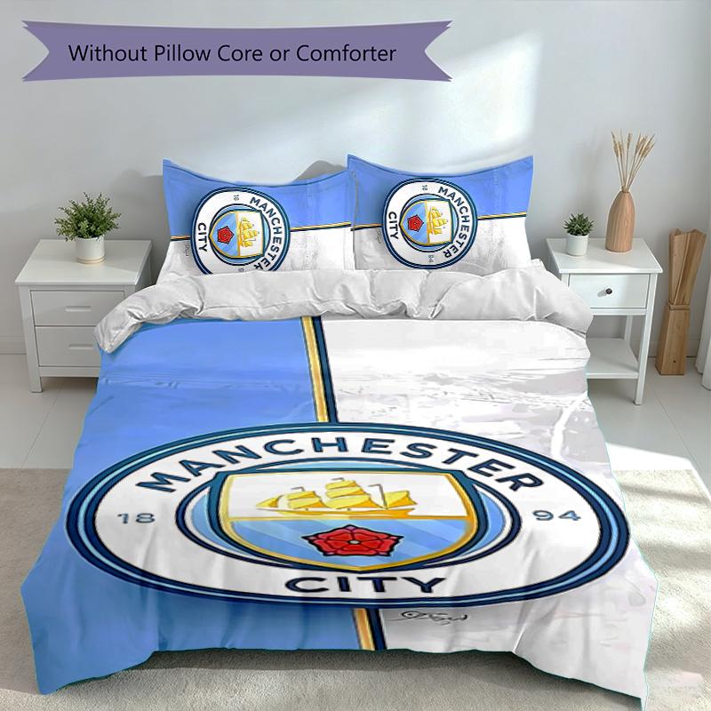 3pcs Manchester City Football Club Duvet Cover Set, Includes 1 Duvet Cover and 2 Pillowcases,Skin-Friendly&Comfortable Fabric,Suitable Bedding Sets
