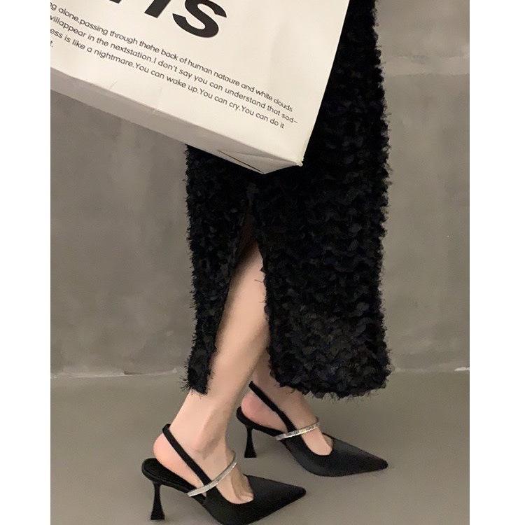 White Rhinestone Bag Head Sandals Women's Summer New Temperament Stiletto High Heels with Skirt Pointed Single Shoes