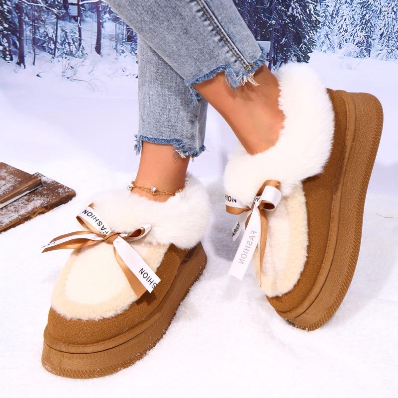 Fashion Multicolor Platform Round Toe Deep Mouth Bow Cover Feet Plus Suede Anti-Slip Wear-Resistant Flat Snow Boots