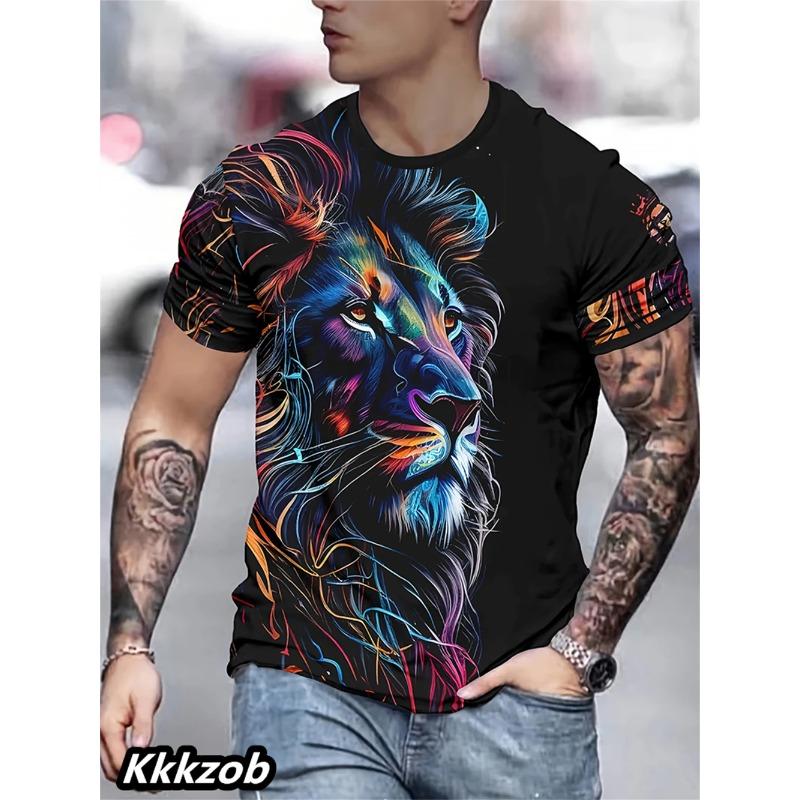 Mens Lion Print Short Sleeve O-Neck T-Shirt Soft Breathable Casual Wear Outdoor Activities Sports Loose Oversized Tops