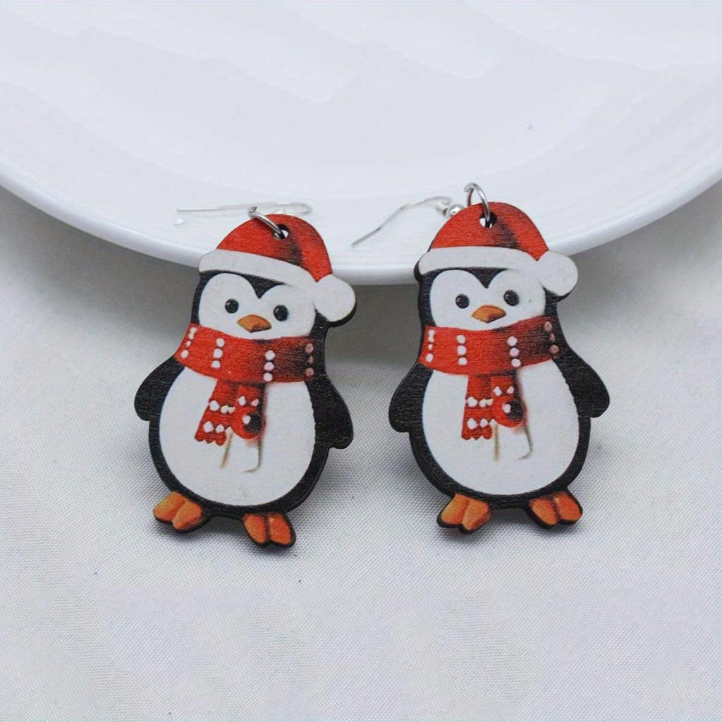 1 Pair of Cute Cartoon Christmas Penguin Wooden Pendant Earrings with Simple Style, Suitable for Daily Wear All Year Round
