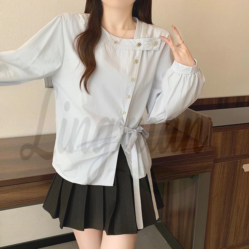 Summer 2026 Plus Size Women s French Style Bow Tie Lace-Up Long Sleeve Top 2XL синий