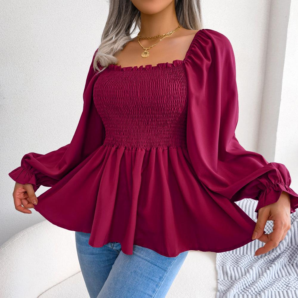 Echte Aufnahme Frühling/Sommer 2025 Damen Lässiges Chiffon-Oberteil mit Rüschen, quadratischem Ausschnitt und langen Ärmeln