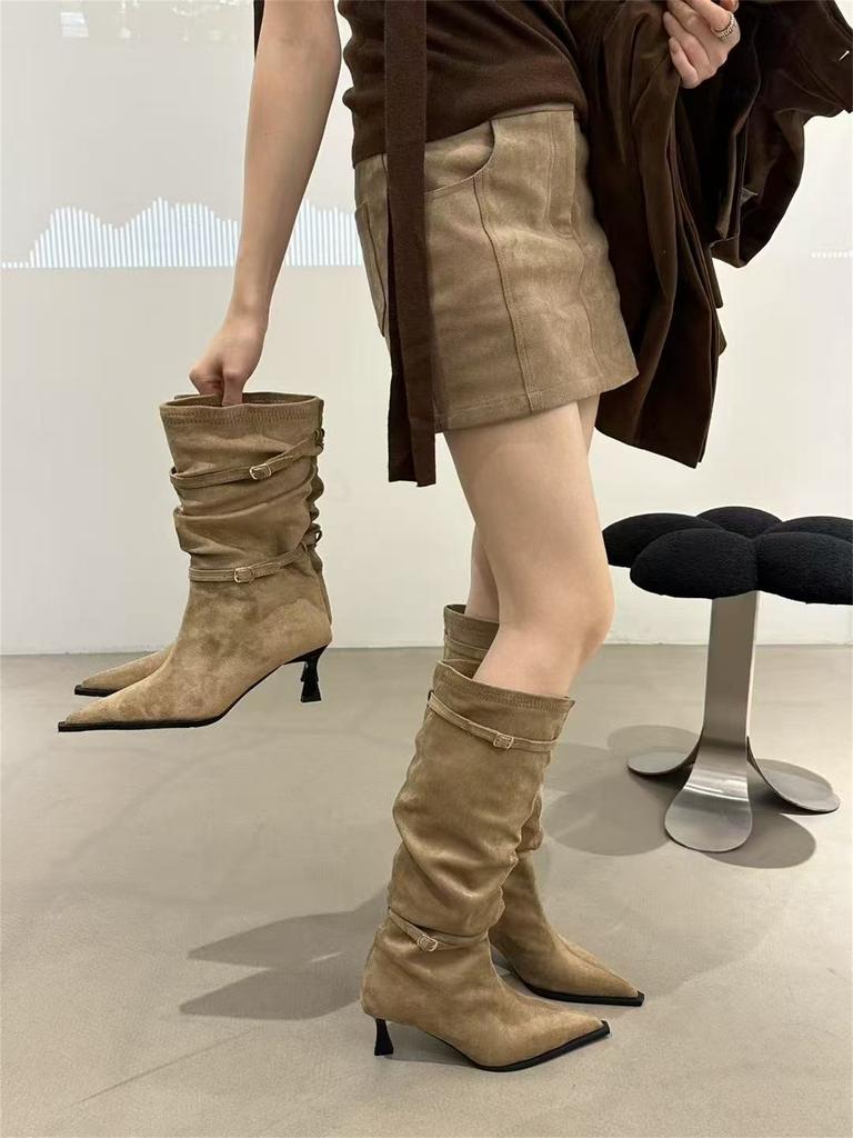 Pointed High Heel Khaki Pile Boots Women's Boots 2025 Autumn/Winter Skirt Skinny Knight Medium Boots