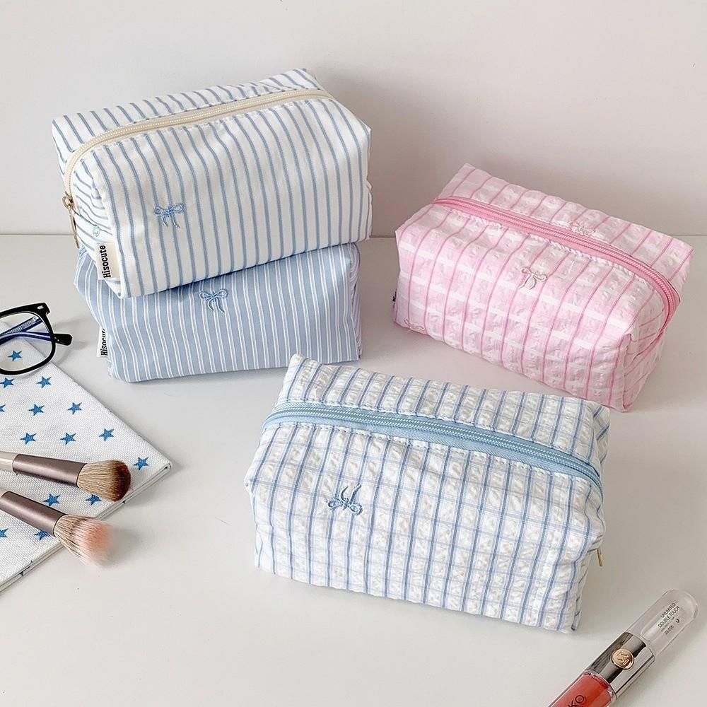 Large Capacity Cosmetic Bag Striped Bow Embroidery Pen Bag Portable Makeup Pouch