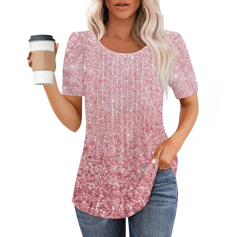 Neues plissee-Rundhals-Kurzarm-T-Shirt Damen-Oberteil Damenbekleidung