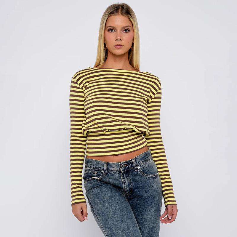 Europese Herfst Veelzijdig Casual Taille-Insnijdend Kleurblok Streep Lange Mouw T-shirt voor Dames