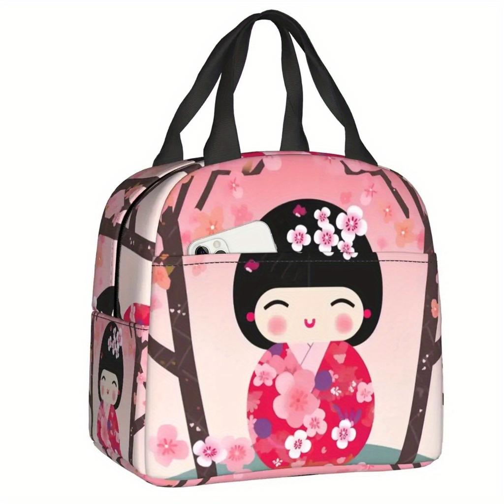 Cherry Blossom Kokeshi Doll Insulated Lunch Bag - Reusable Thermal Cooler Bento Box with Cute Sakura Design